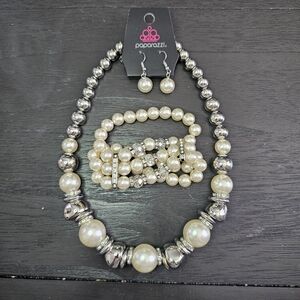 Paparazzi Pearl Statement Jewelry Set  Necklace + Earrings + Bracelet Stack